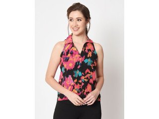 Women's Abstract Printed Black Shirt Style Top