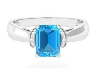 6X8 MM Emerald Cut Swiss Blue Topaz Solitaire with Diamond Ring